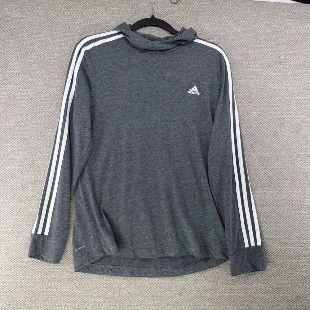 Adidas Hoodie Medium Gray Polyester Activewear Long Sleeve Climalite Top